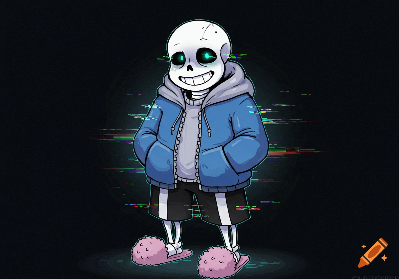 Cartoon drawing of Sans from Undertale with glowing blue eyes and glitch effects.
