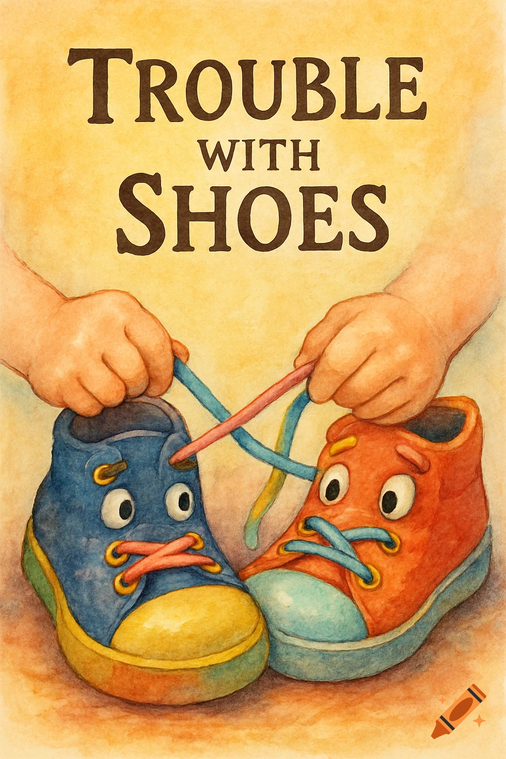 Watercolor illustration for a children's book cover, showing hands tying laces on two character shoes.