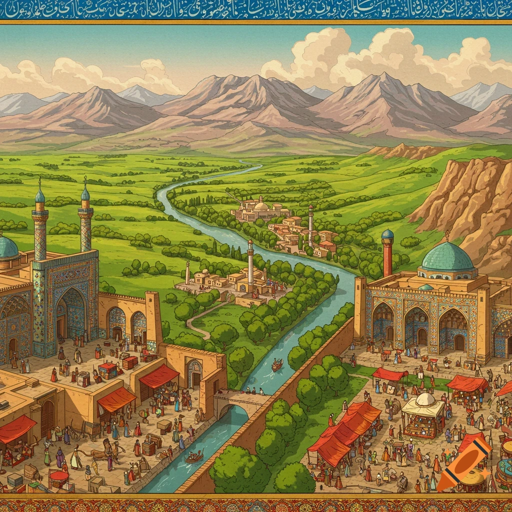 Stylized illustration of a bustling Middle Eastern city market along a river with mountains in the background and decorative borders.