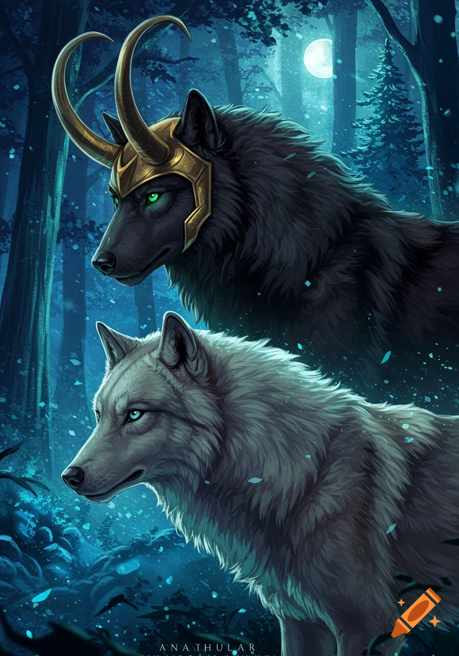 Two wolves, one wearing a gold horned helmet, stand in a dark, moonlit forest.