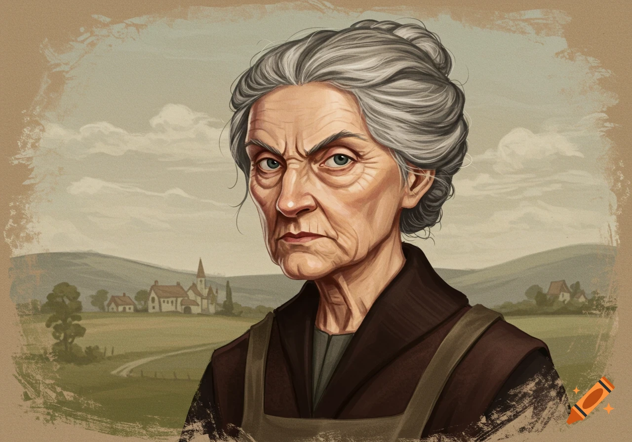 A stern-faced elderly woman with grey hair in a brown dress, standing against a rural landscape with hills and a village.