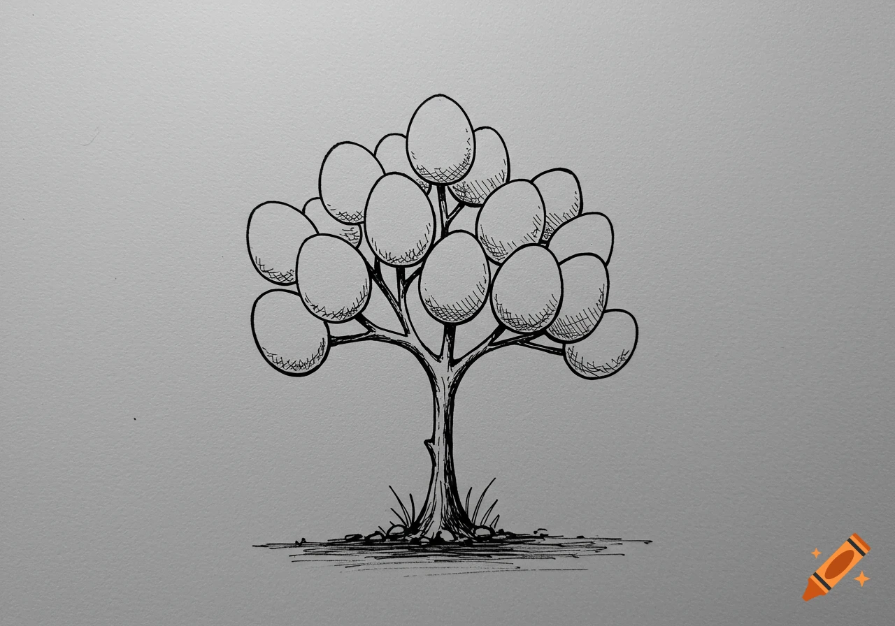 Black and white ink drawing of a tree with egg-shaped leaves