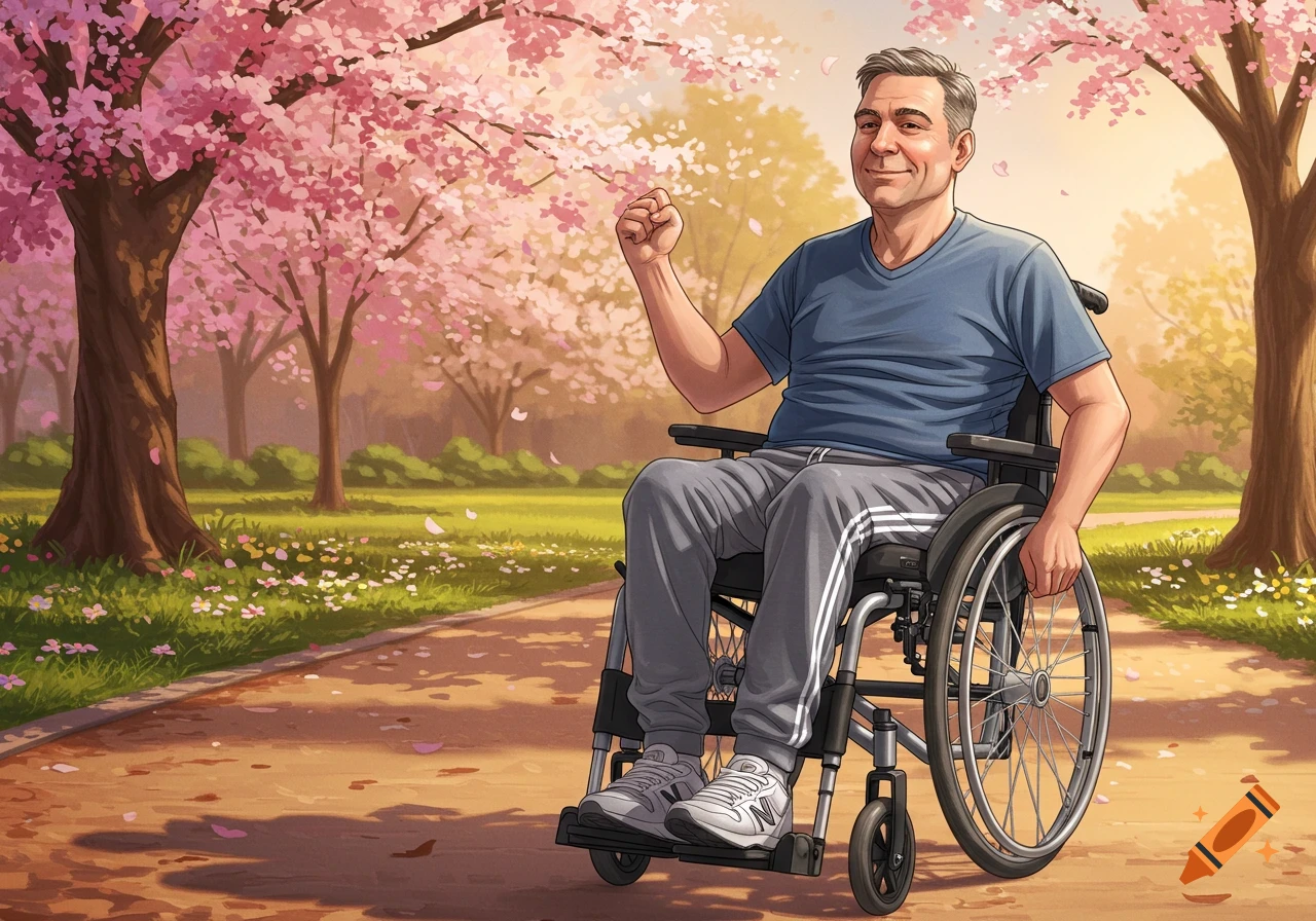 A man in a wheelchair in a park with cherry blossoms
