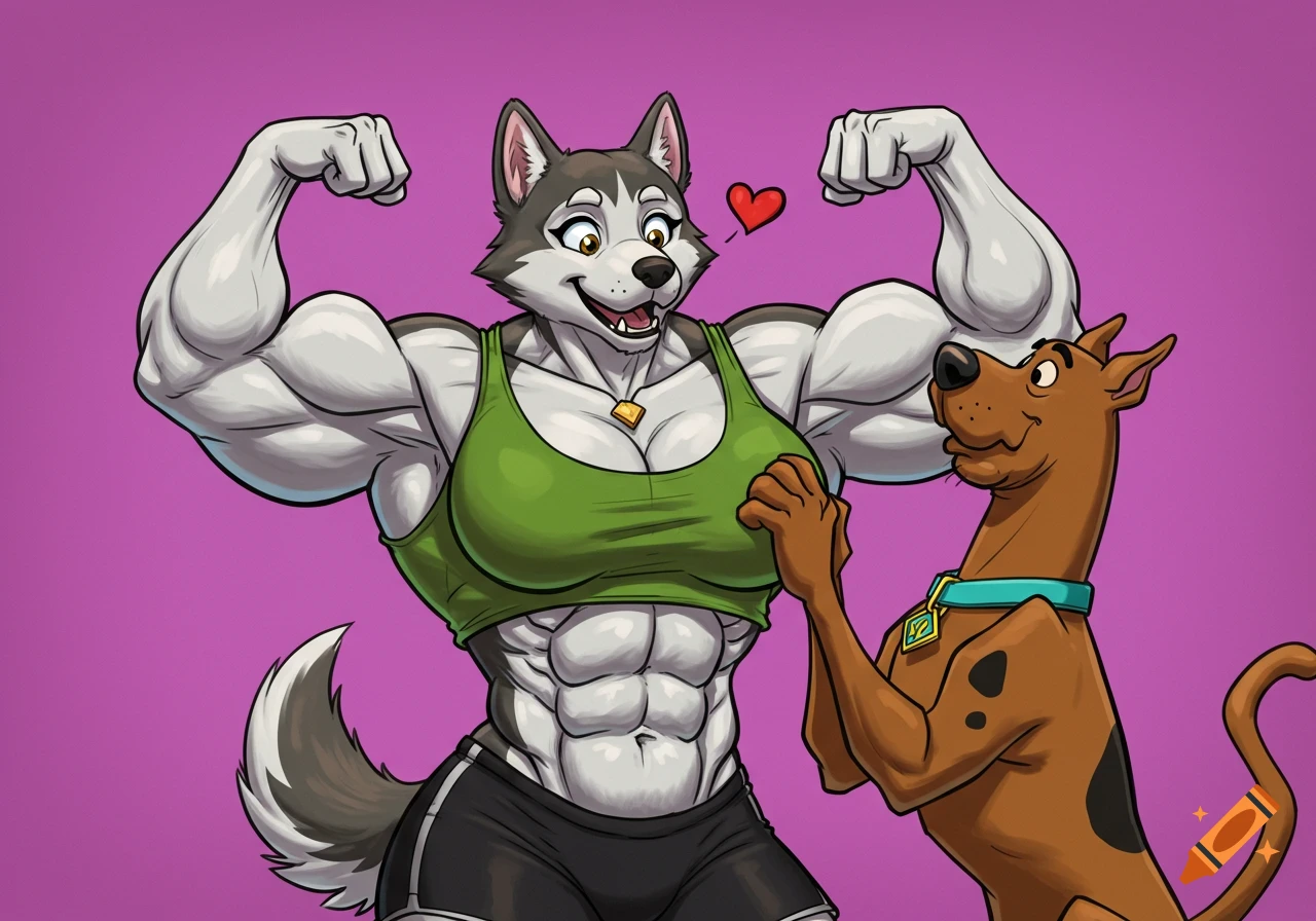 An anthropomorphic husky dog flexing muscles for Scooby Doo.