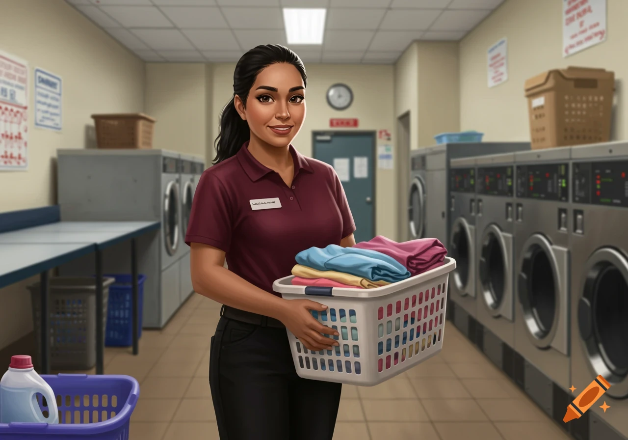 A woman holds a laundry basket in a laundromat.