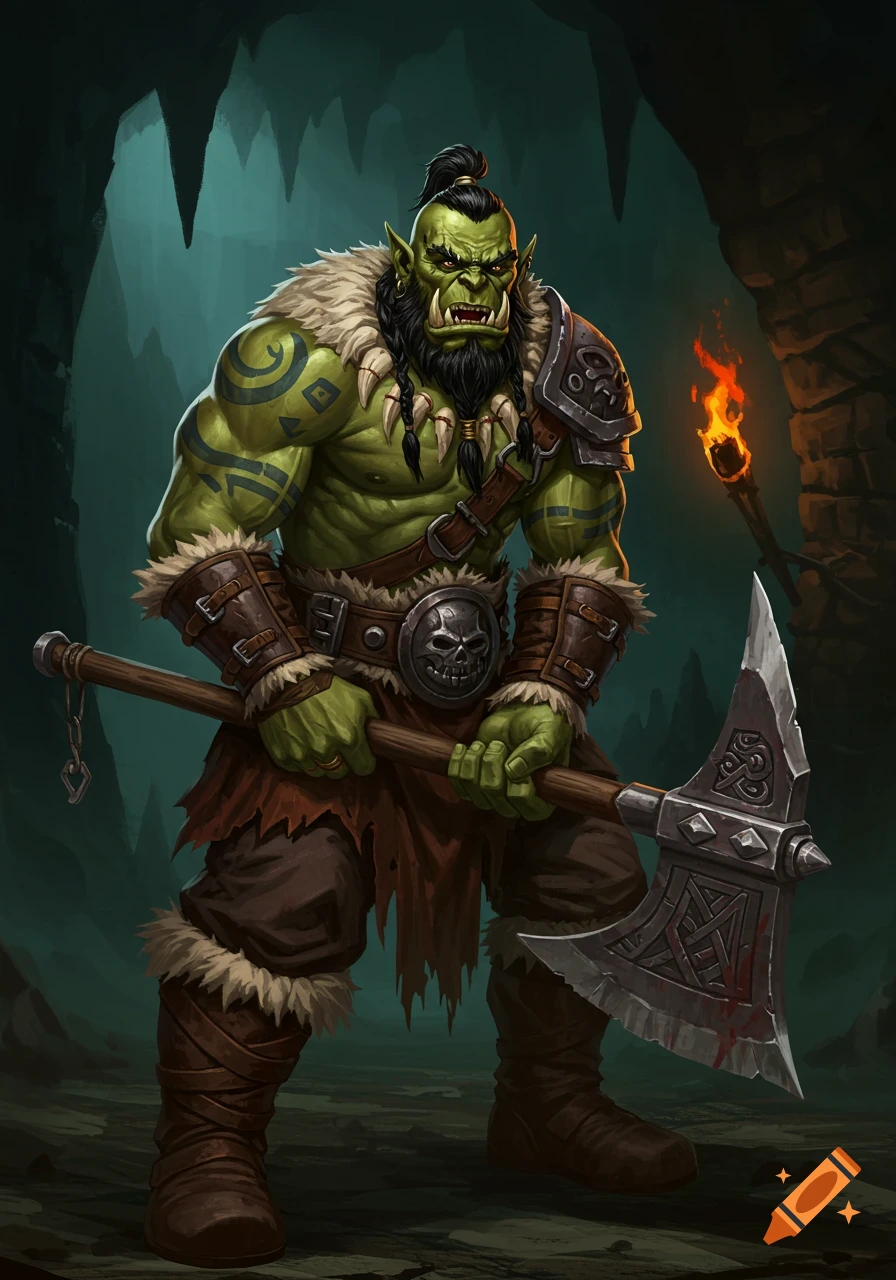 An illustration of a powerful orc barbarian holding a large axe in a cave.