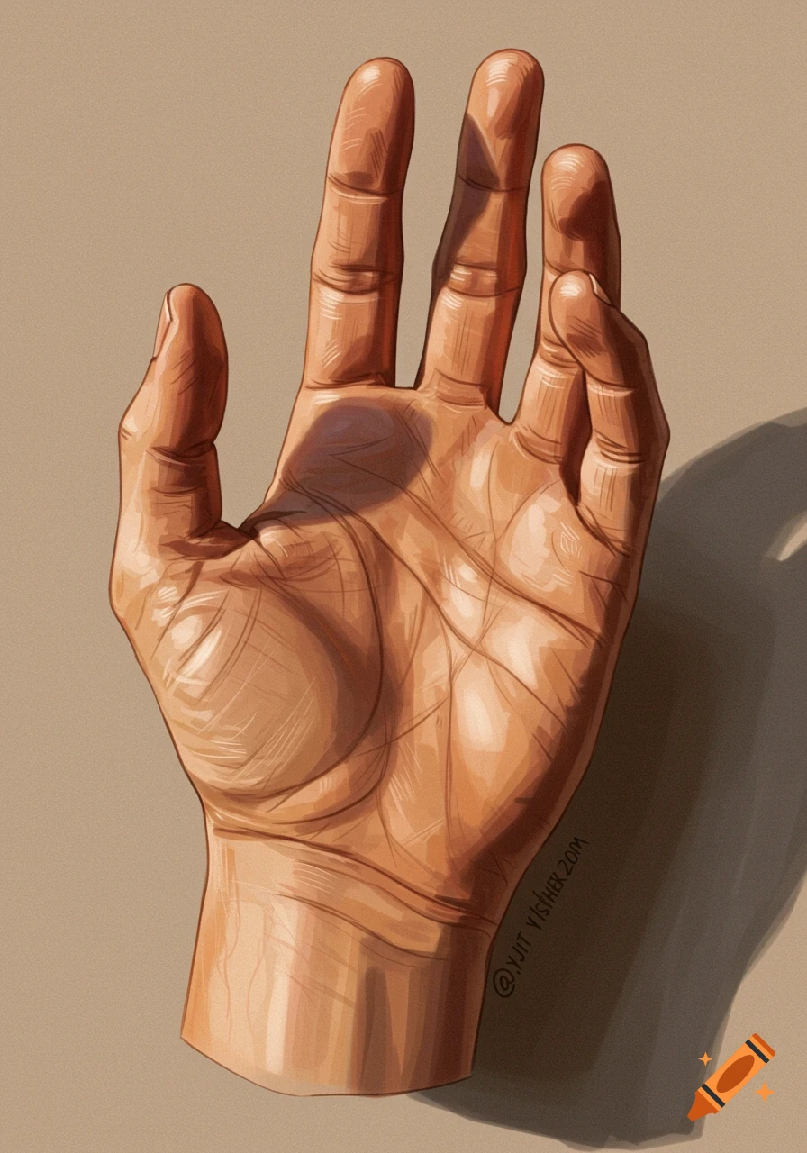 Digital painting of a human hand with strong light