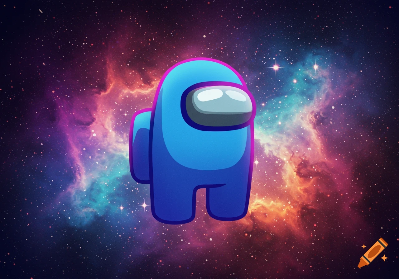 A blue Among Us character floats against a backdrop of a colorful nebula and stars in space.