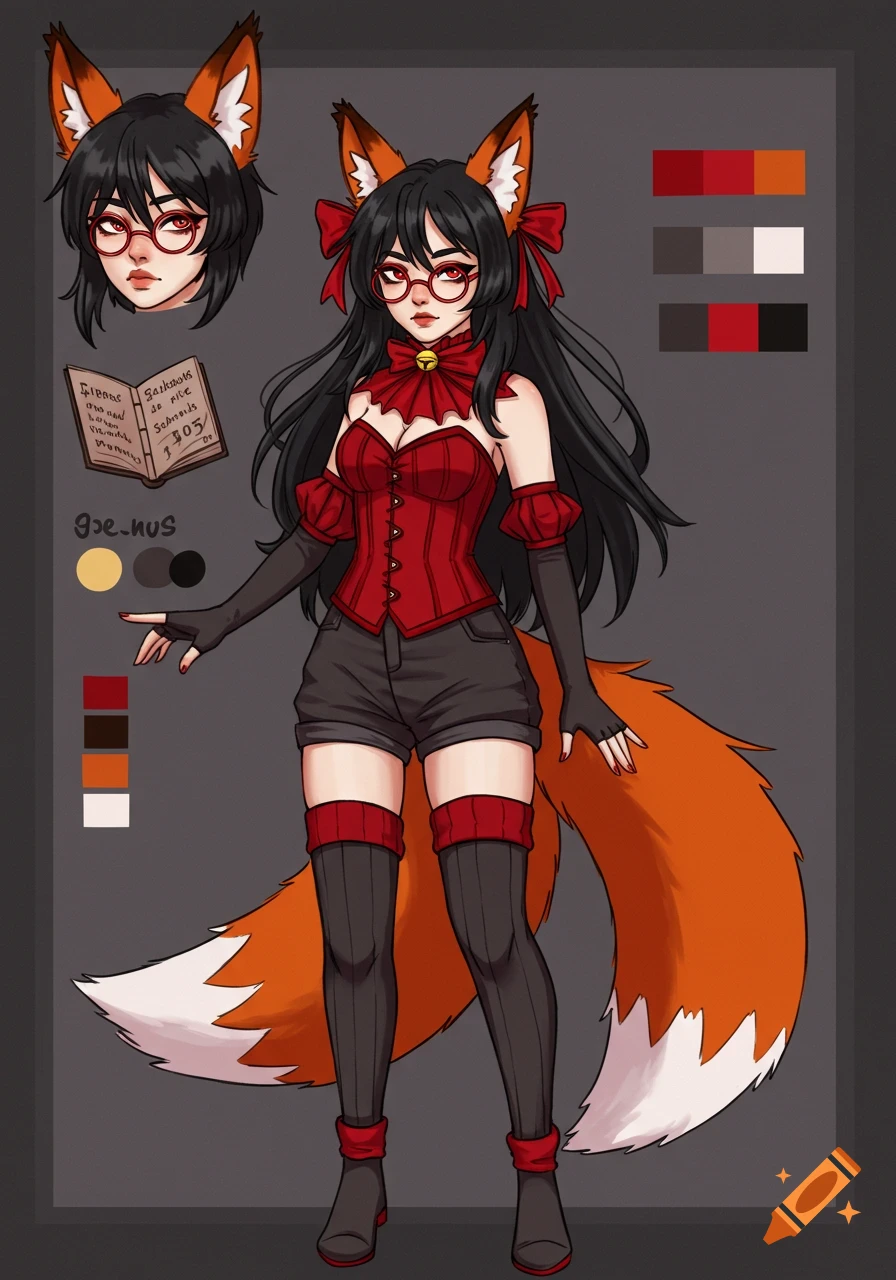 Anime illustration character reference sheet of a fox girl with black ...