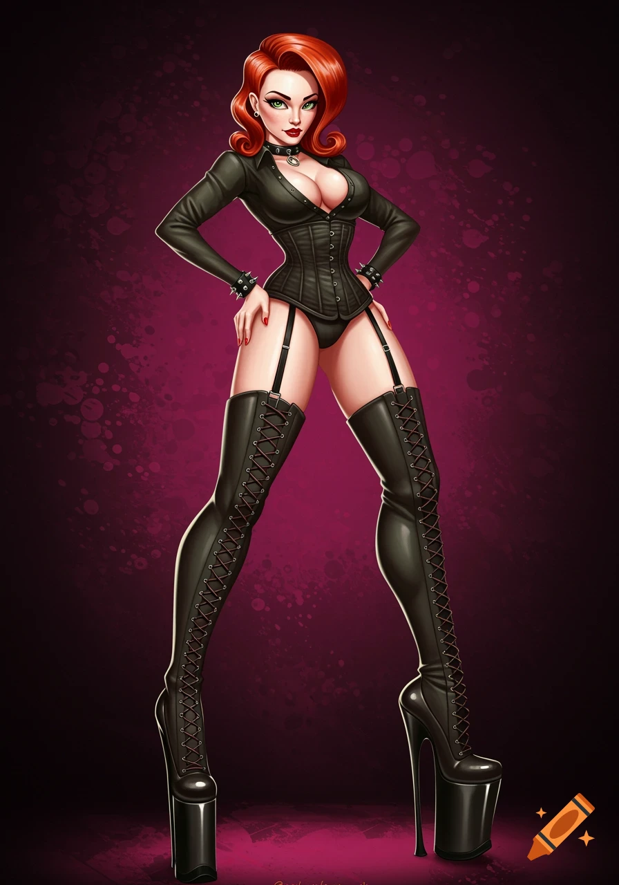 Pin-up style illustration of a woman with red hair wearing a black corset and tall lace-up boots.