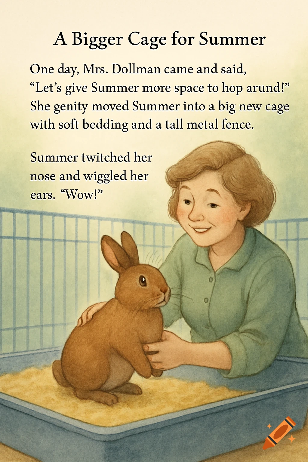 Illustration of a woman smiling at a rabbit in a cage with text from a story page.