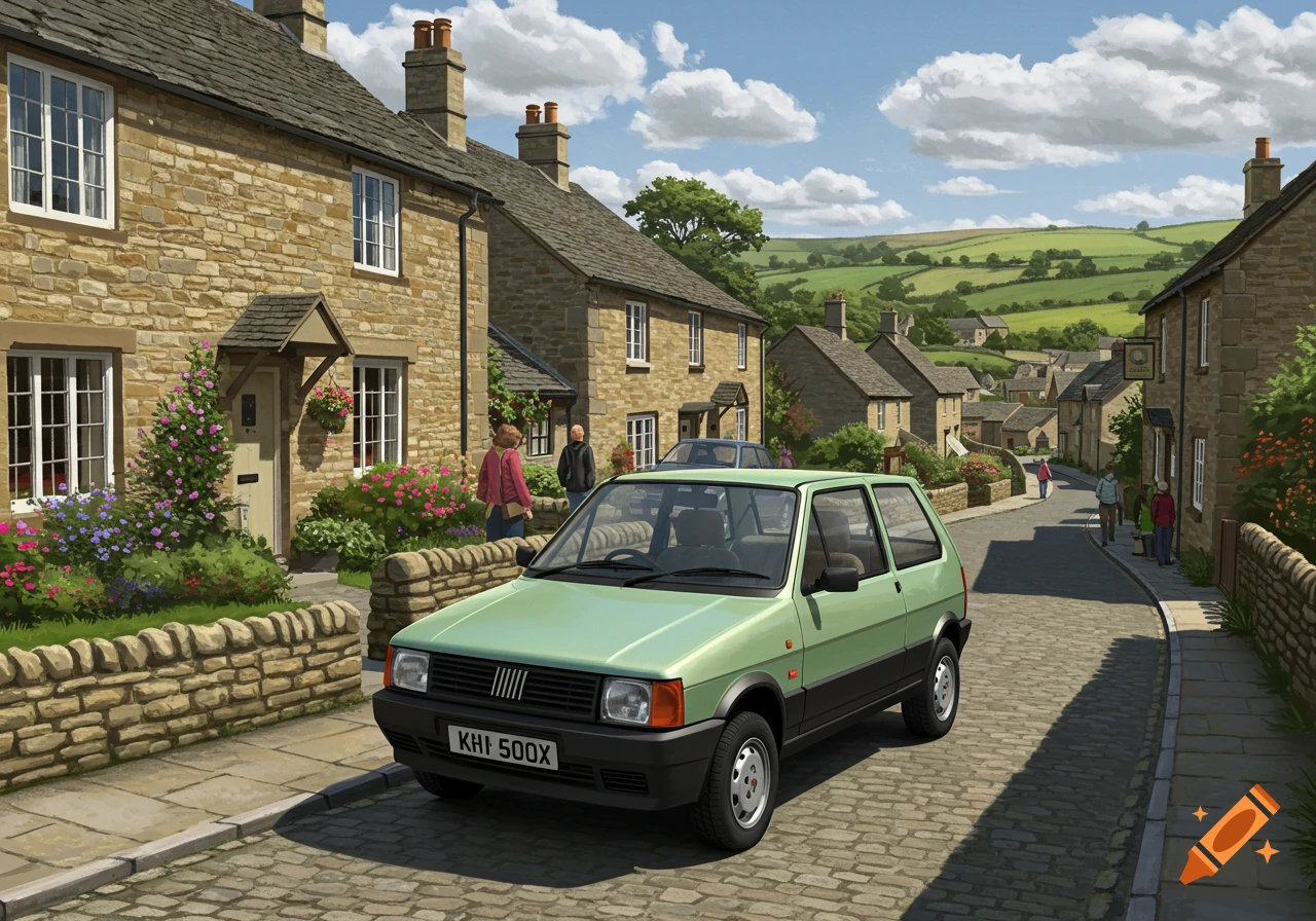 A light green Fiat Uno parked on a cobblestone street in a village with stone houses and rolling green hills, illustration.