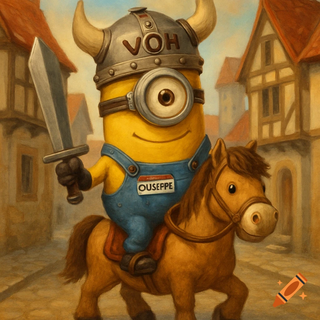 Painted image of a Minion dressed as a Viking riding a horse through a town, holding a sword.