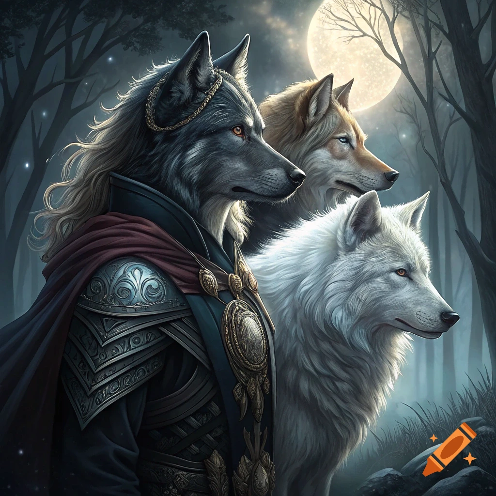 Three wolves in a dark forest at night, one wearing armor and a cape.