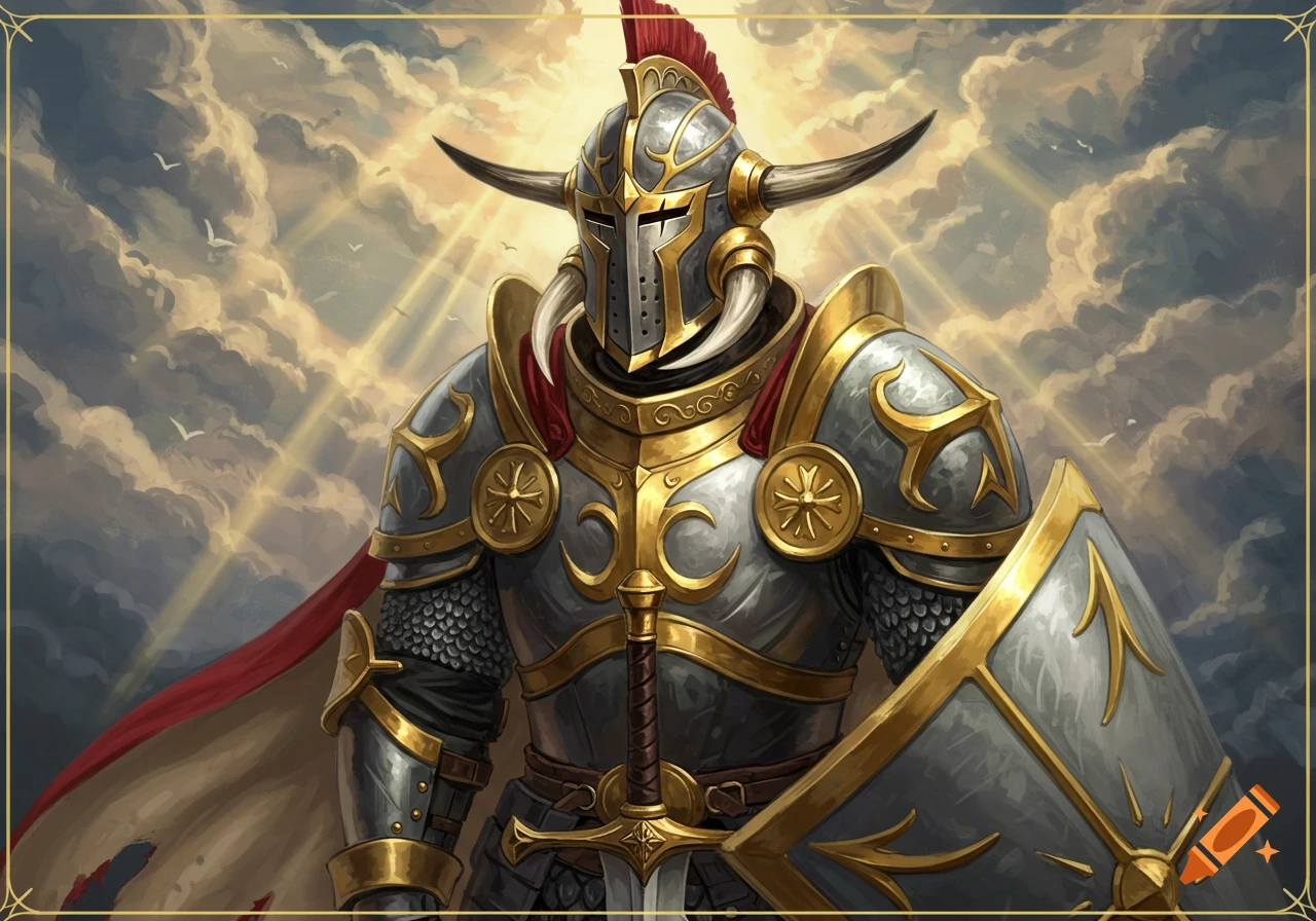 A fantasy paladin in ornate silver and gold armor with horns, shield, and sword stands before a cloudy, sunlit sky.
