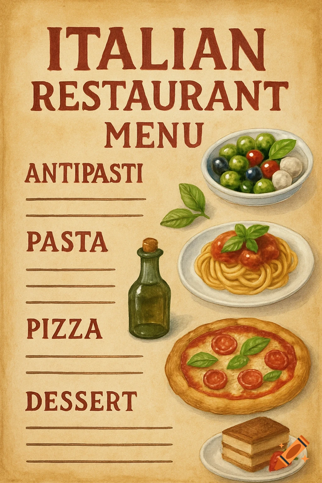 Watercolor illustration of an Italian restaurant menu with pasta, pizza, dessert, and olives.