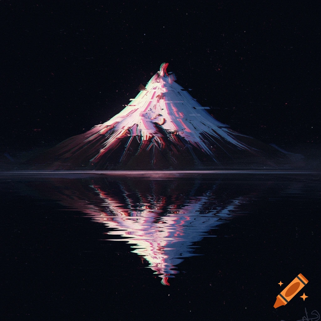A mountain peak reflected in water at night, rendered in a glitch art style with distorted colors and patterns.