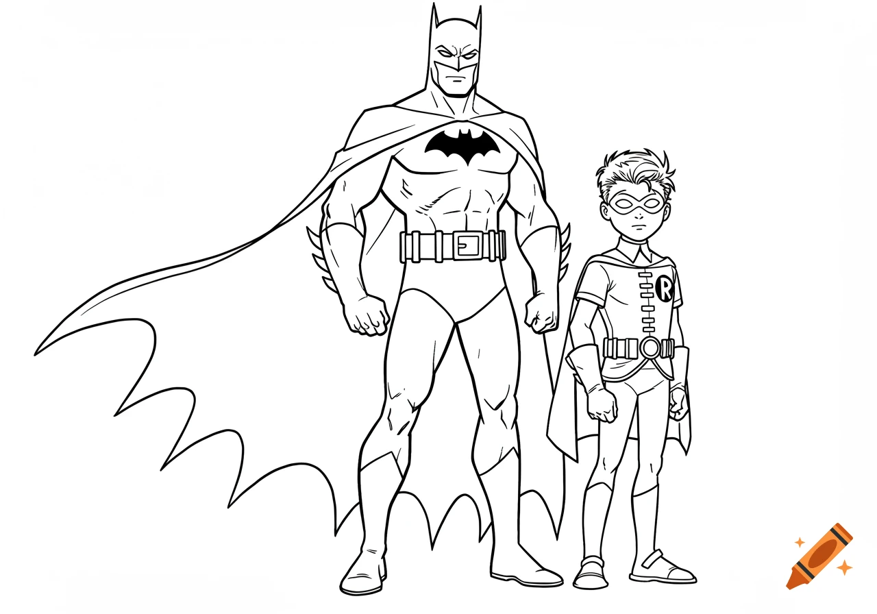 Black and white line drawing of Batman and Robin for coloring