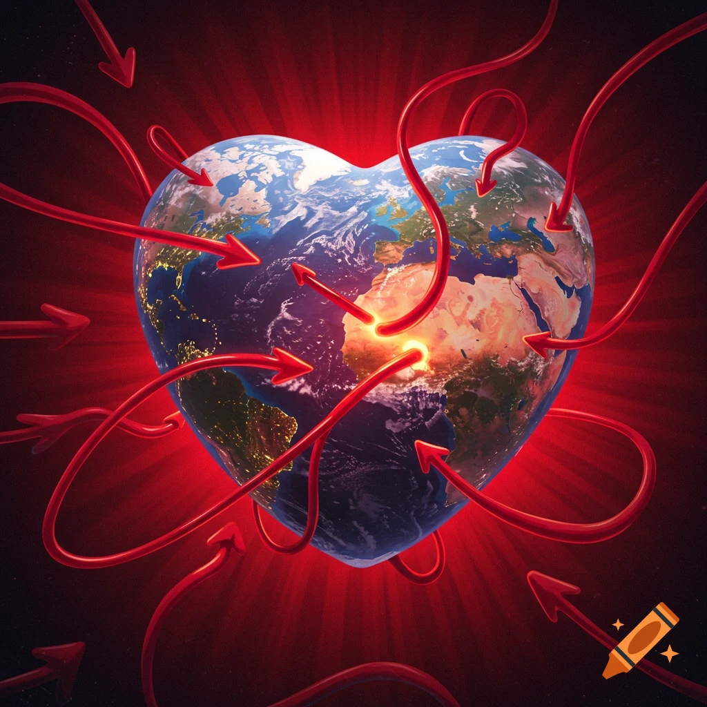 A heart-shaped Earth is surrounded by swirling red arrows against a radiant red background.