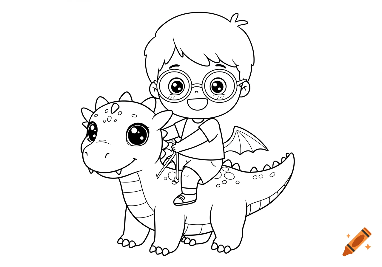Black and white cartoon outline of a boy with glasses riding a baby dragon.