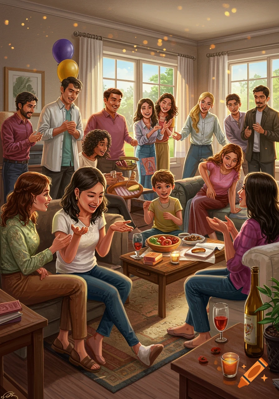 A large group of diverse people socializes in a sunny living room during a gathering or party.