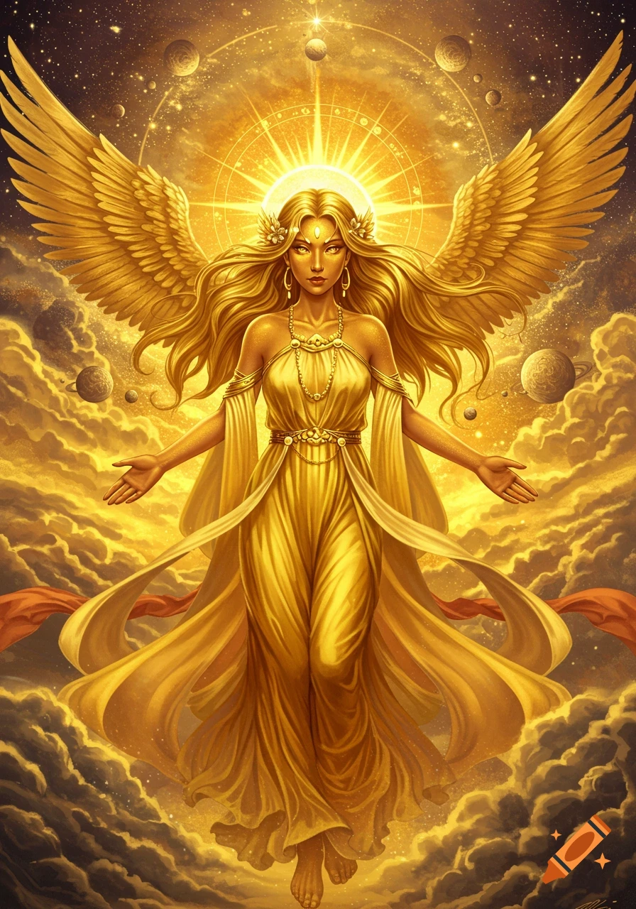 Golden goddess with wings floats in a golden sky with clouds and planets