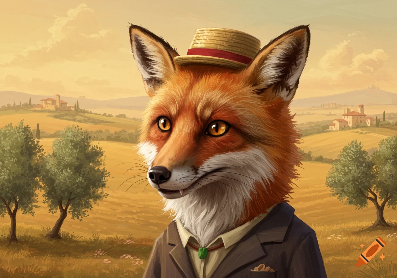 An illustration of an anthropomorphic fox in a suit and straw hat in an Italian countryside landscape.