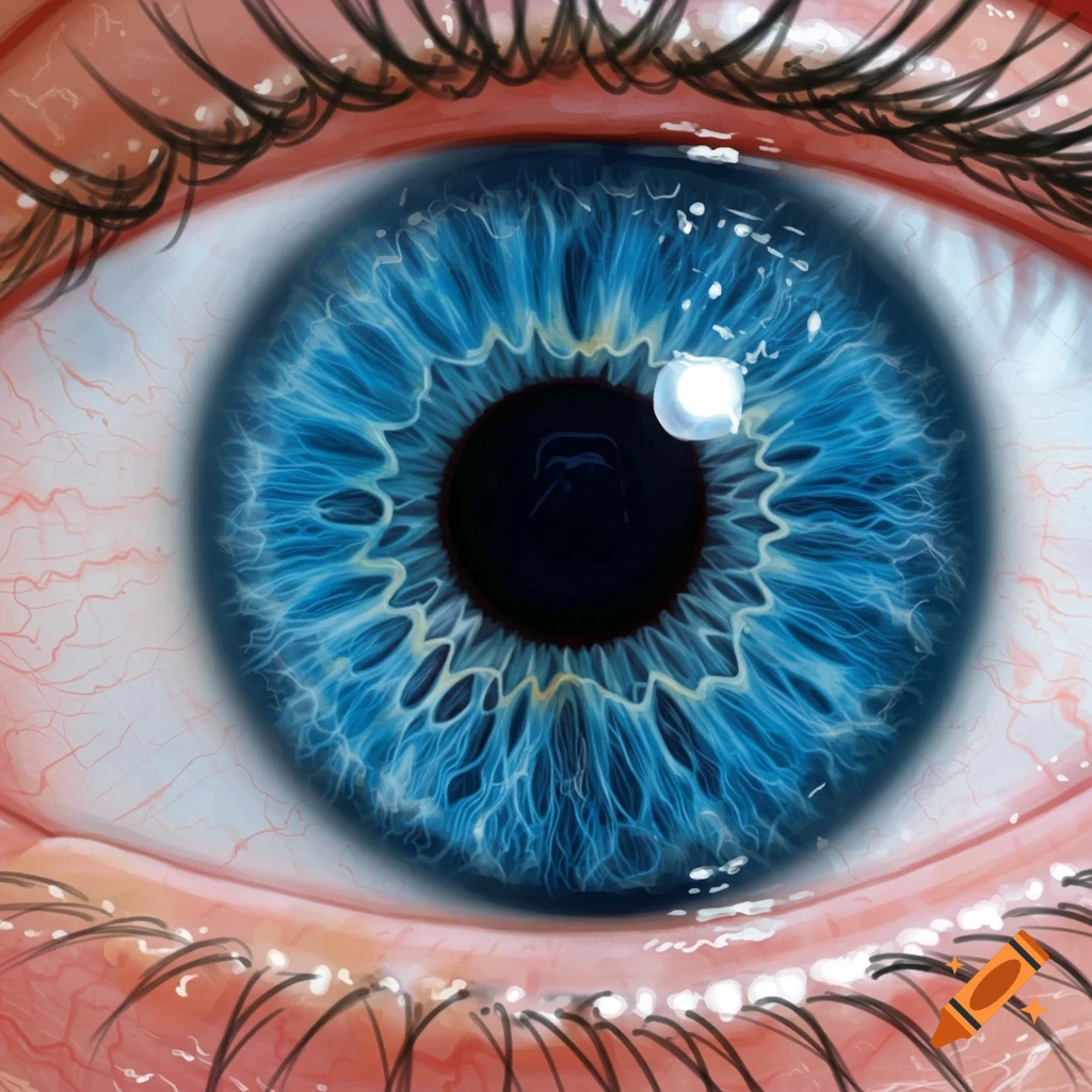 Close-up of a blue eye showing intricate details of the iris, visible blood vessels in the sclera, and eyelashes.
