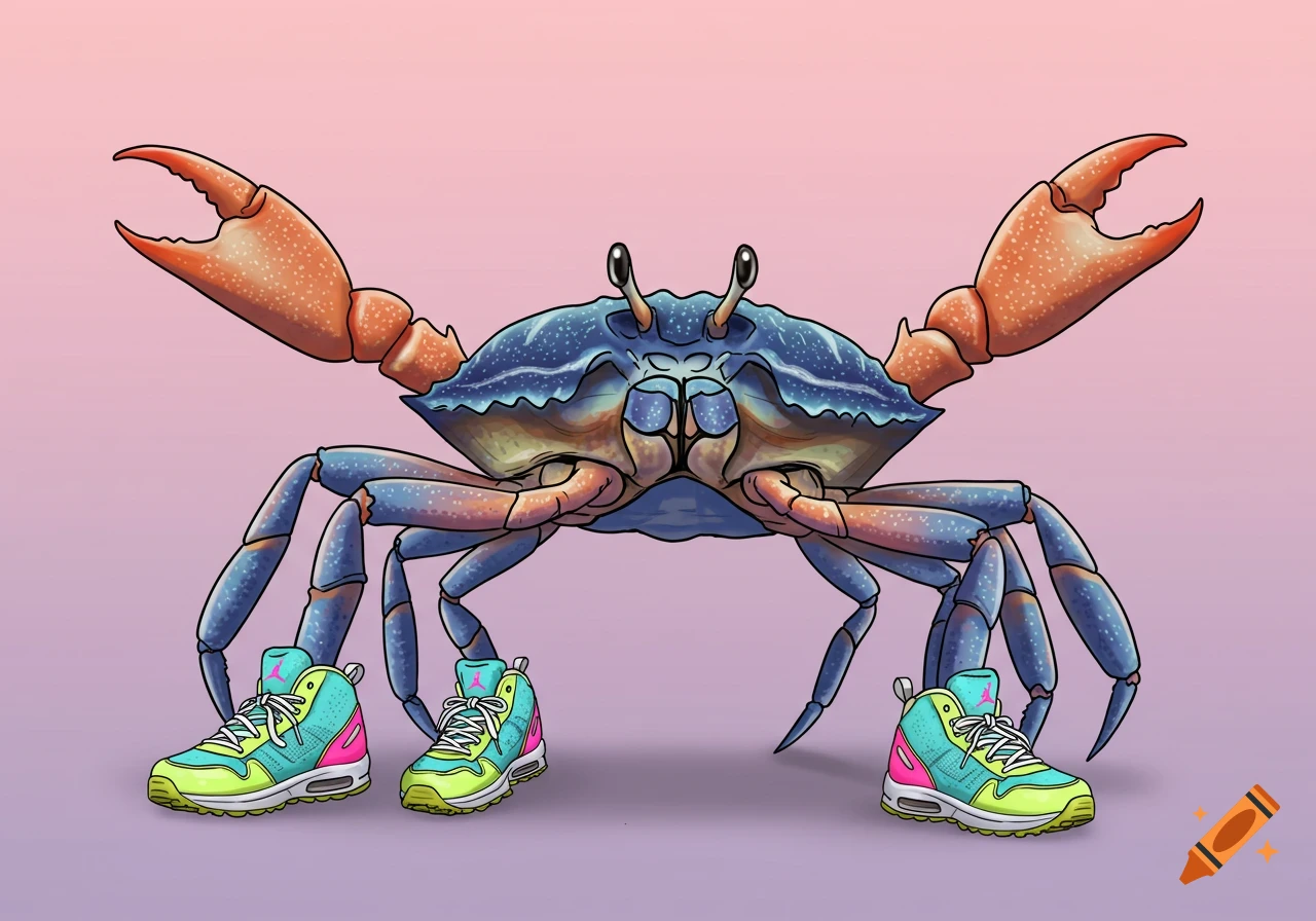 Cartoon illustration of a blue and orange crab wearing four pairs of colorful sneakers.