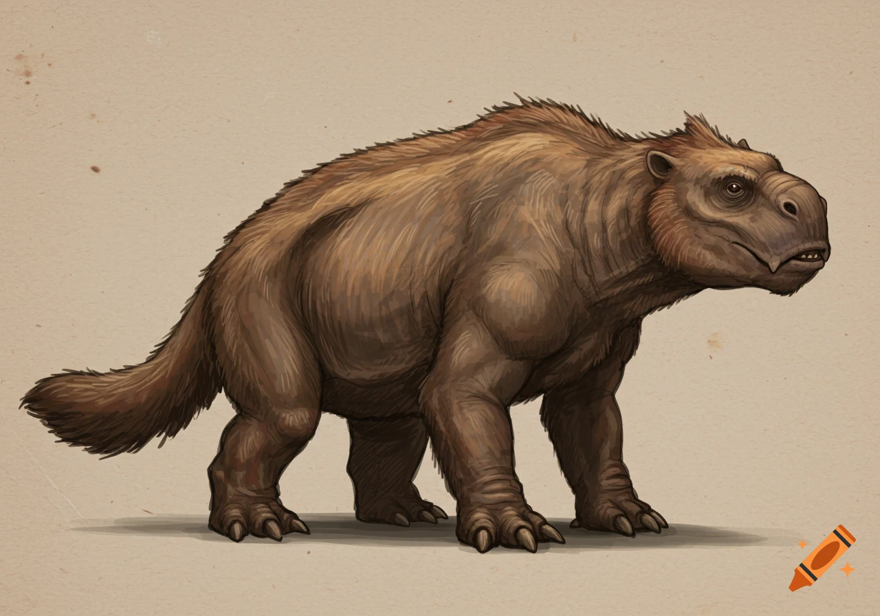 Drawing of a brown, furry, prehistoric-looking animal with thick legs and tail standing on a surface.