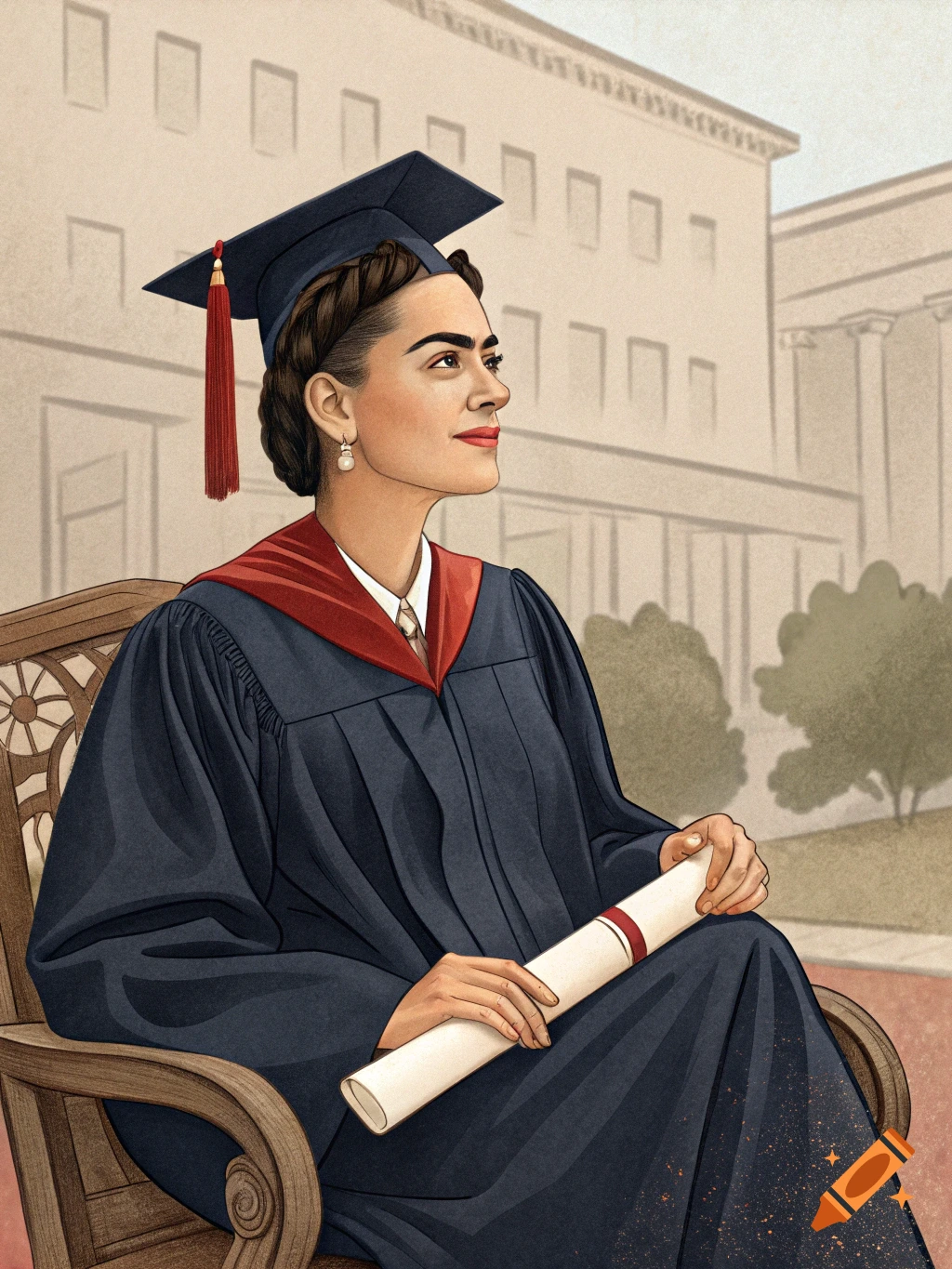Illustration of a woman in a graduation cap and gown sitting outdoors and holding a diploma.