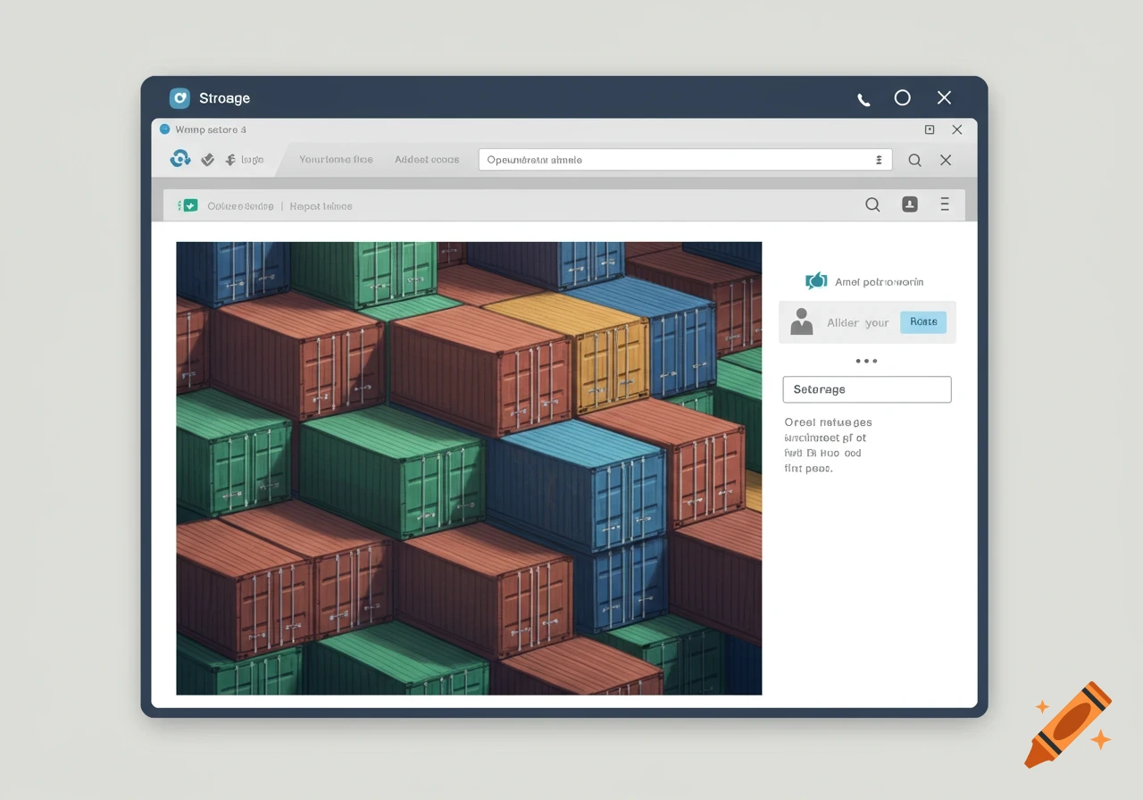 A web browser window displays a grid of stacked, colorful shipping containers, representing storage.