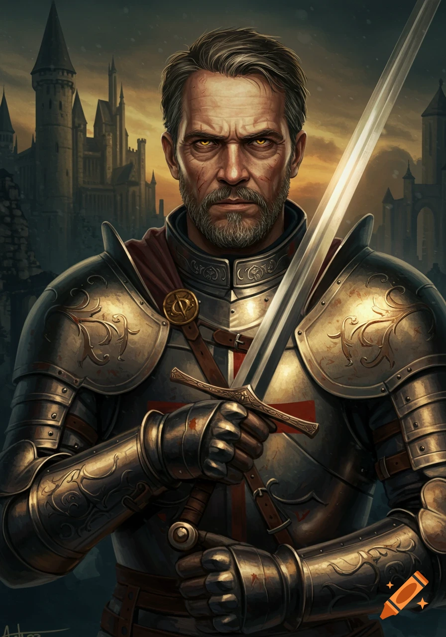 A serious knight in ornate armor holds a sword before a castle at sunset.