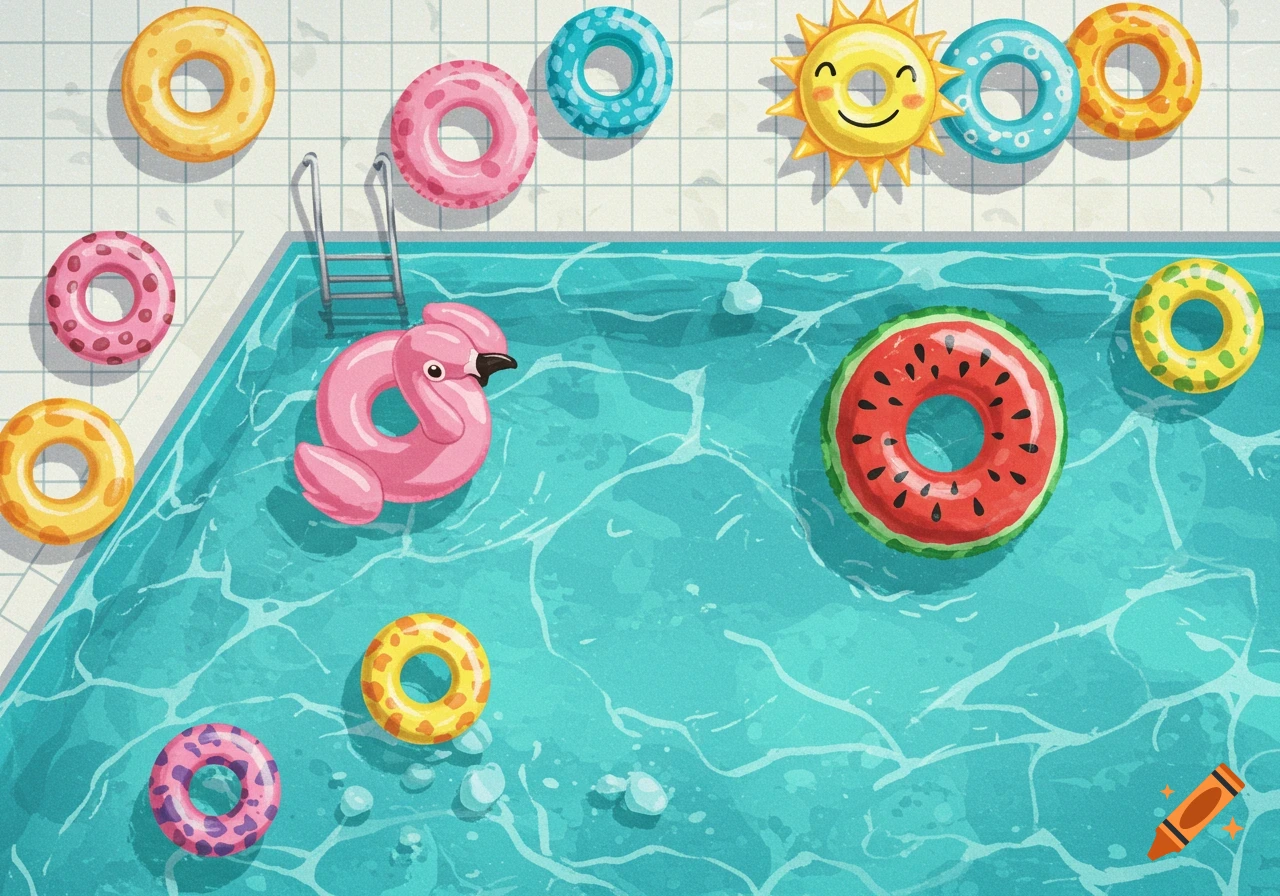 Overhead illustration of a pool with inflatable rings including a flamingo, watermelon slice, sun, and colorful tubes