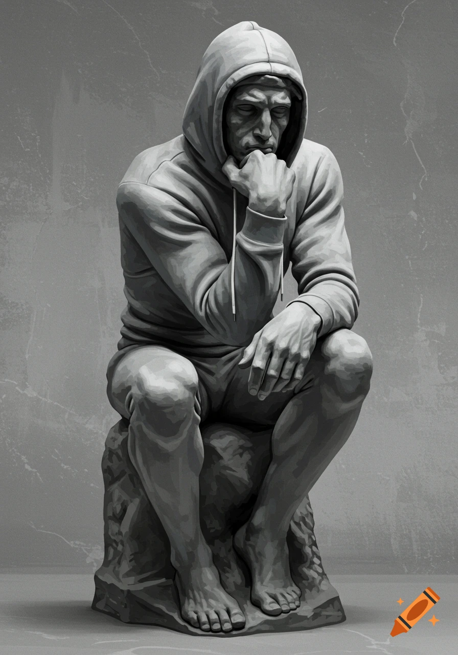 Grey scale sculpture of a hooded figure in a thinking pose on Craiyon