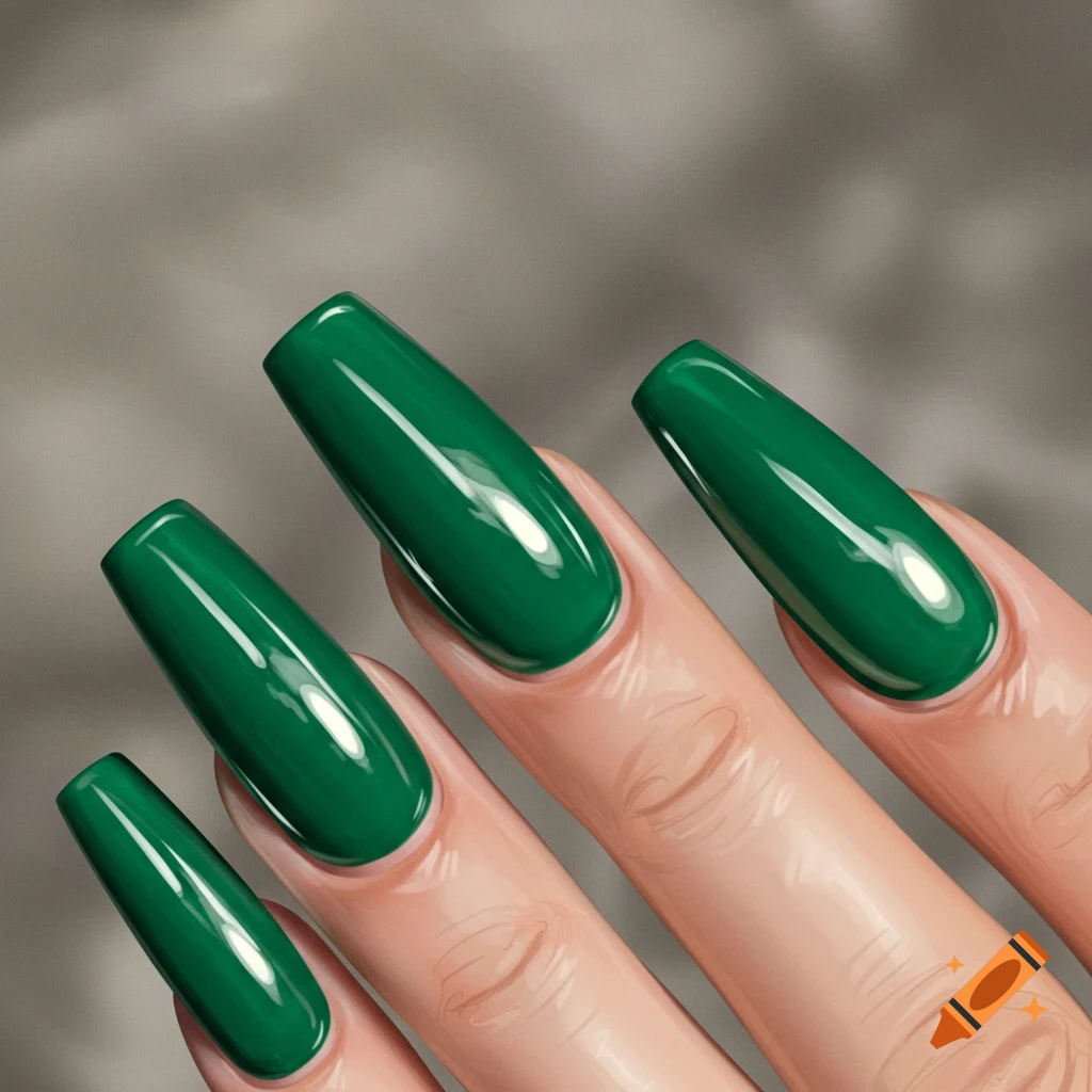 Close-up of a hand with long, glossy emerald green coffin-shaped nails.