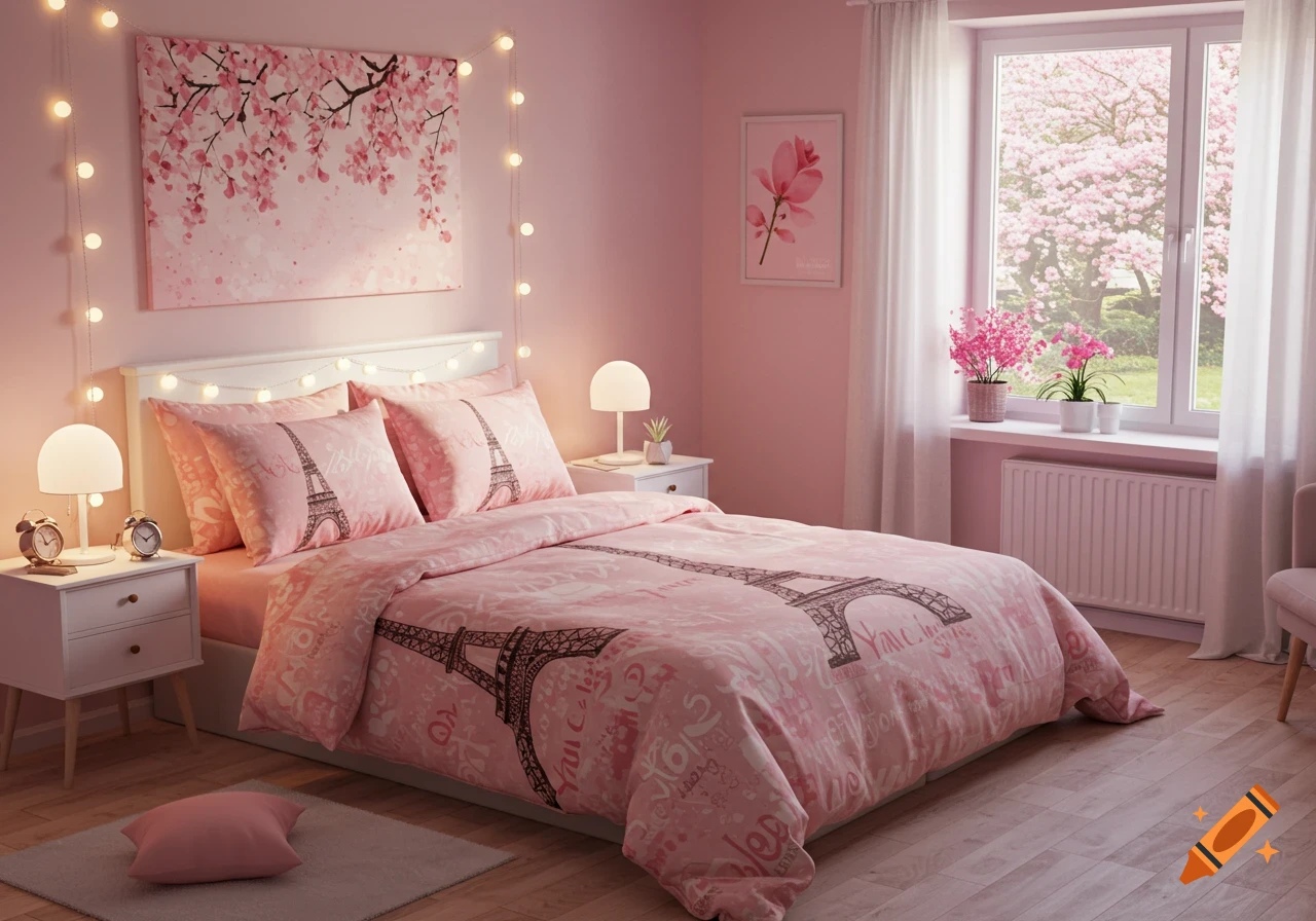 A pink bedroom with Eiffel Tower bedding and cherry blossoms visible through the window.