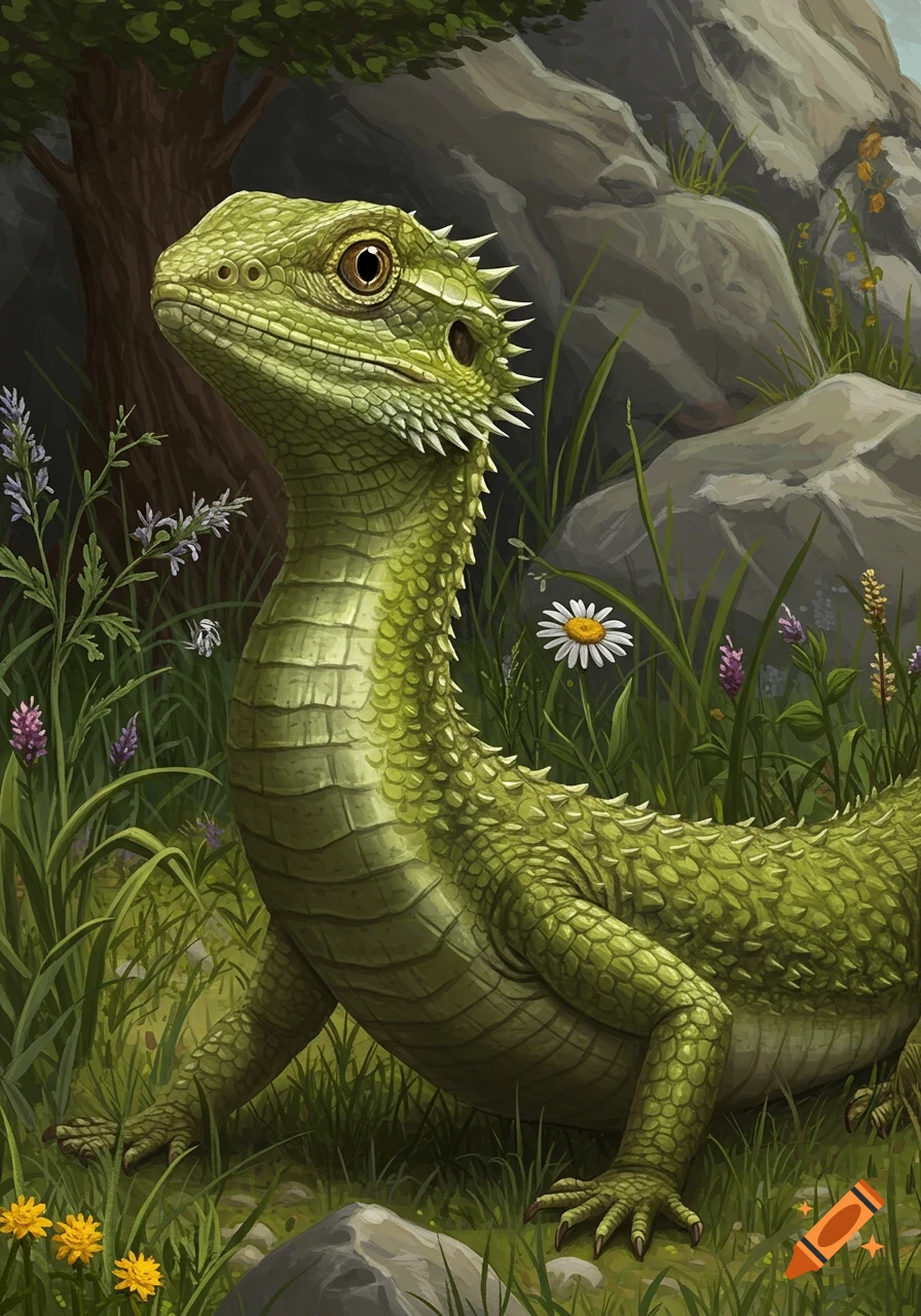 A green lizard with spikes sits in tall grass and flowers near rocks and a tree, illustration.
