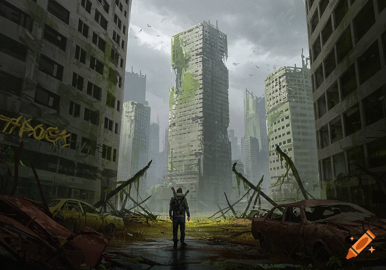 A lone figure stands in the middle of a ruined, overgrown city under a ...