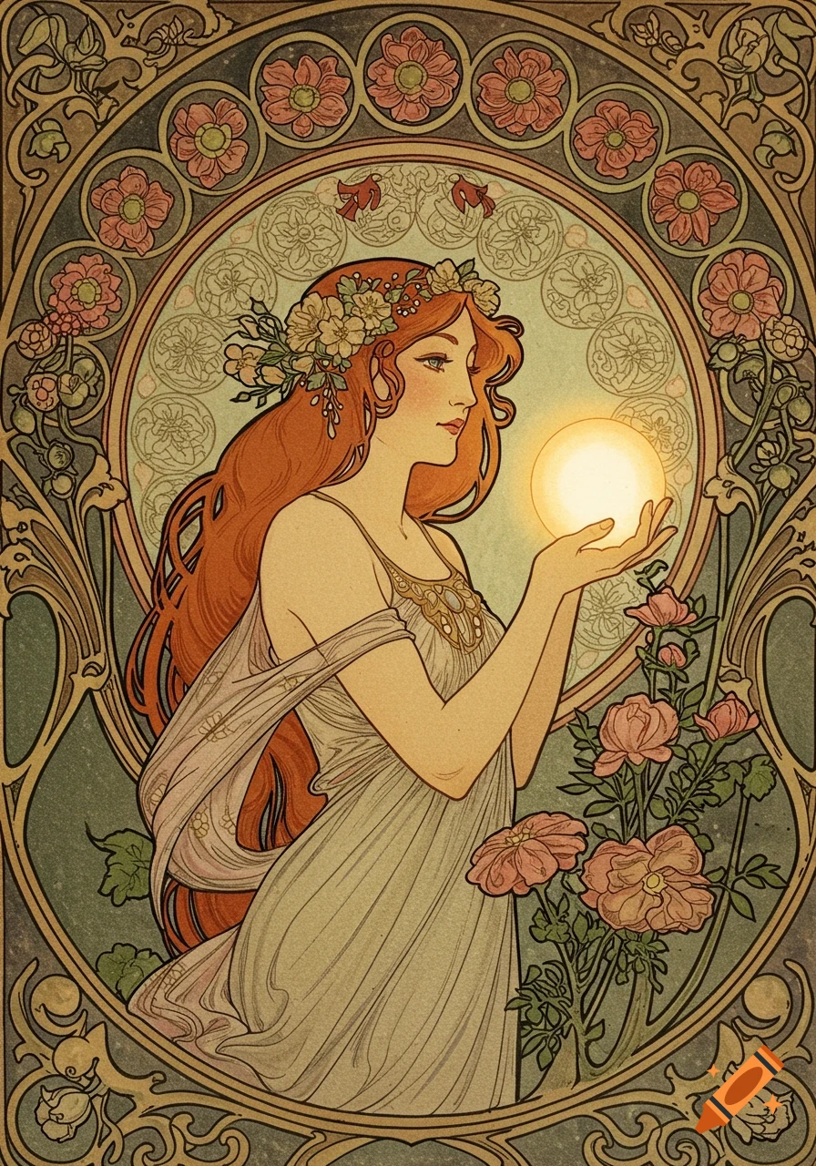 Art Nouveau painting of a woman with long red hair holding a glowing orb, surrounded by decorative flowers and vines.