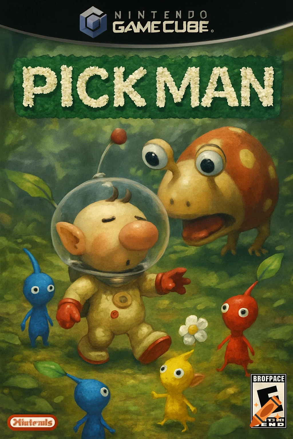 Painterly game cover art for 'PICK MAN', featuring characters resembling Pikmin and Olimar with a monster on a green background.