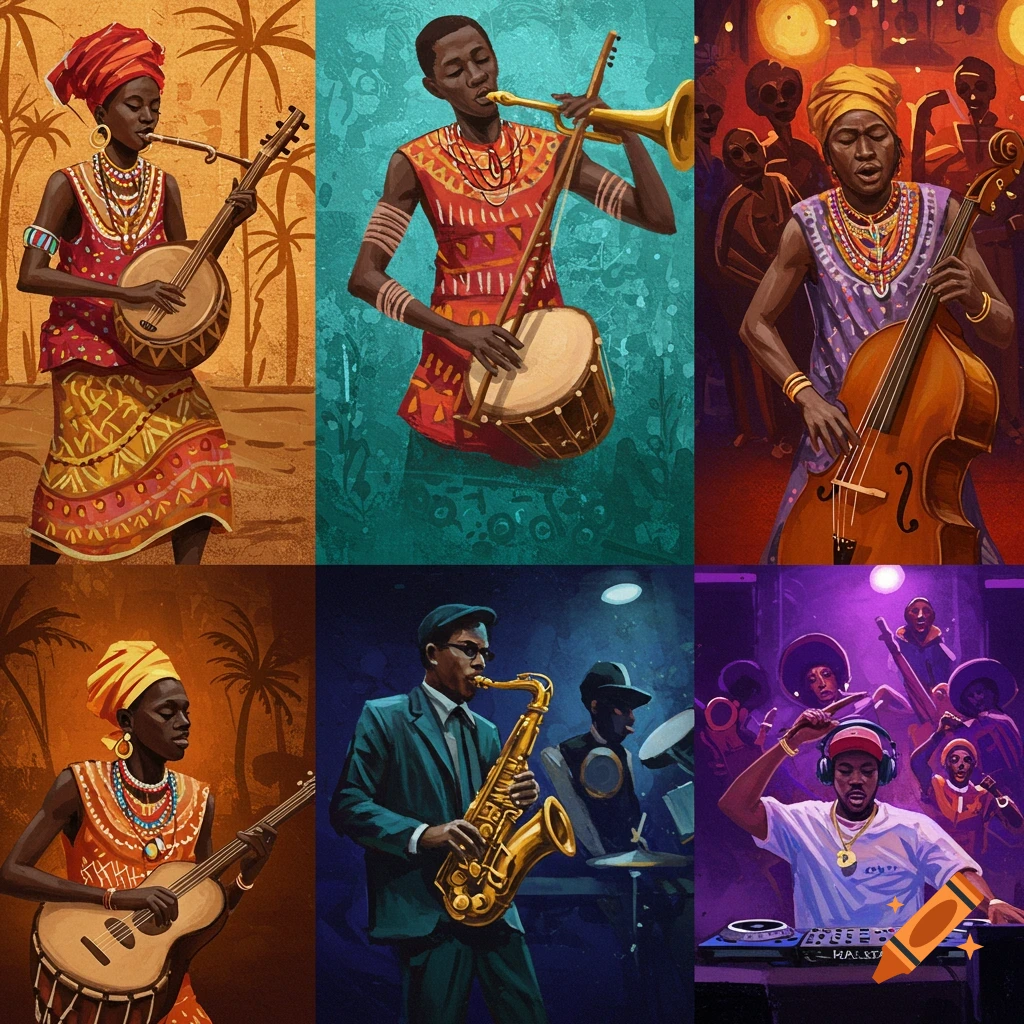 Six panels illustrating musicians playing music from African roots to hip hop.
