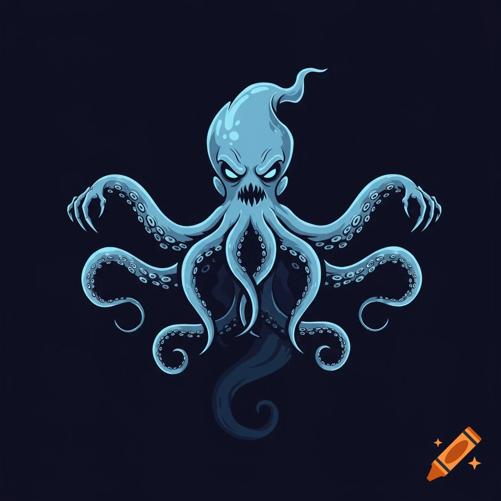 A blue, spooky, ghost-like kraken creature with claws floats on a dark background.