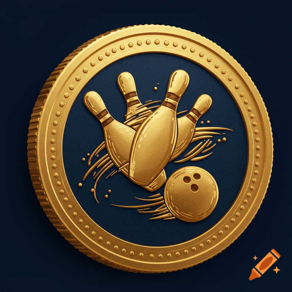 A golden coin with bowling pins and a bowling ball design.