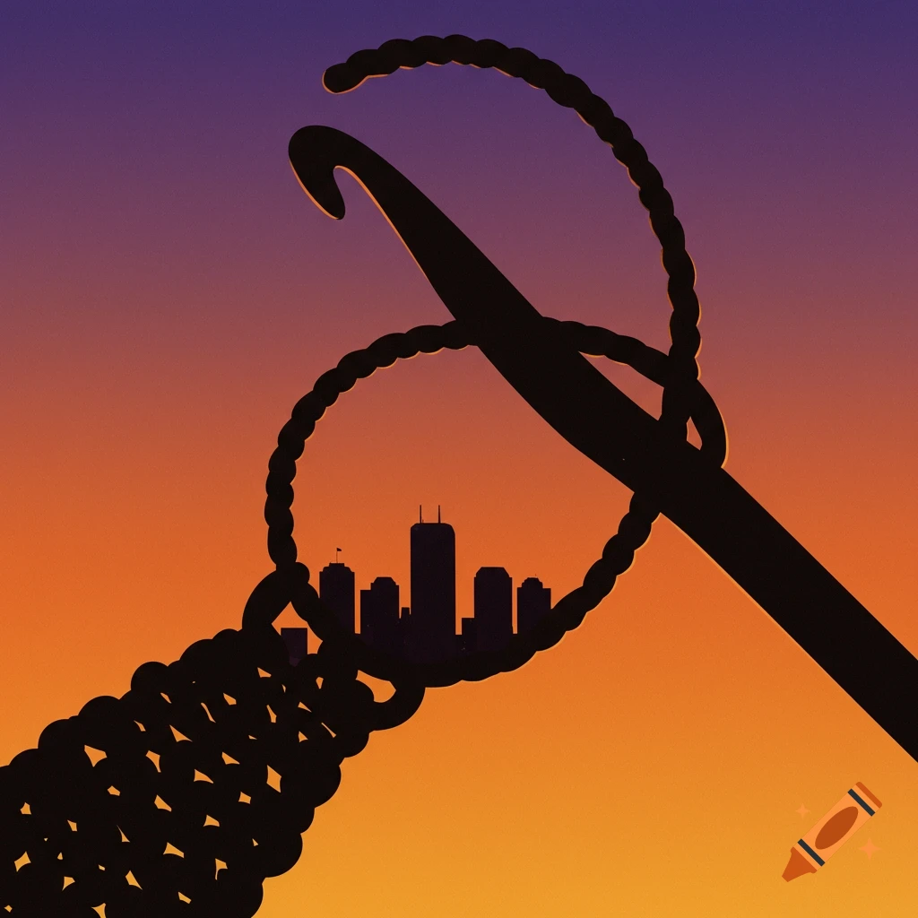 Silhouette of a crochet hook with a city skyline inside a yarn loop against a sunset background.