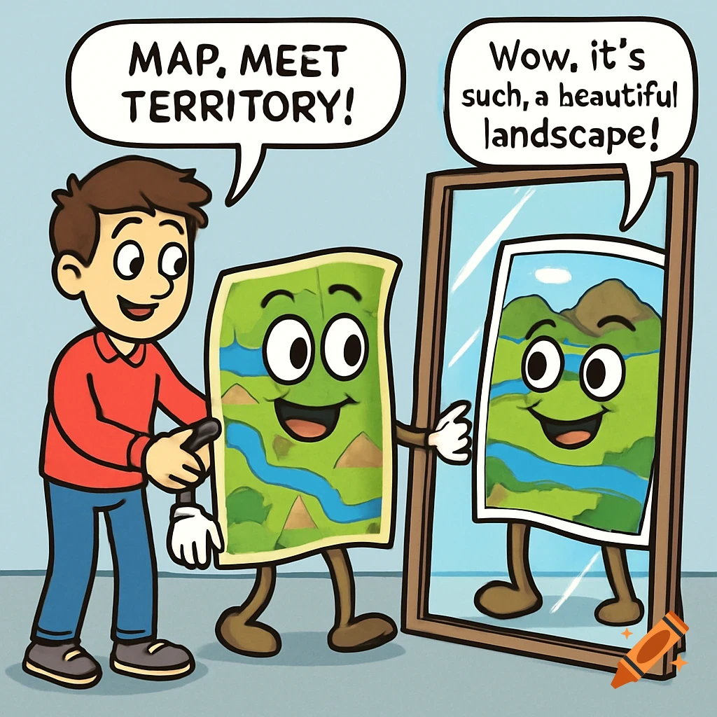 Cartoon illustration of a boy showing an anthropomorphic map its reflection in a mirror.
