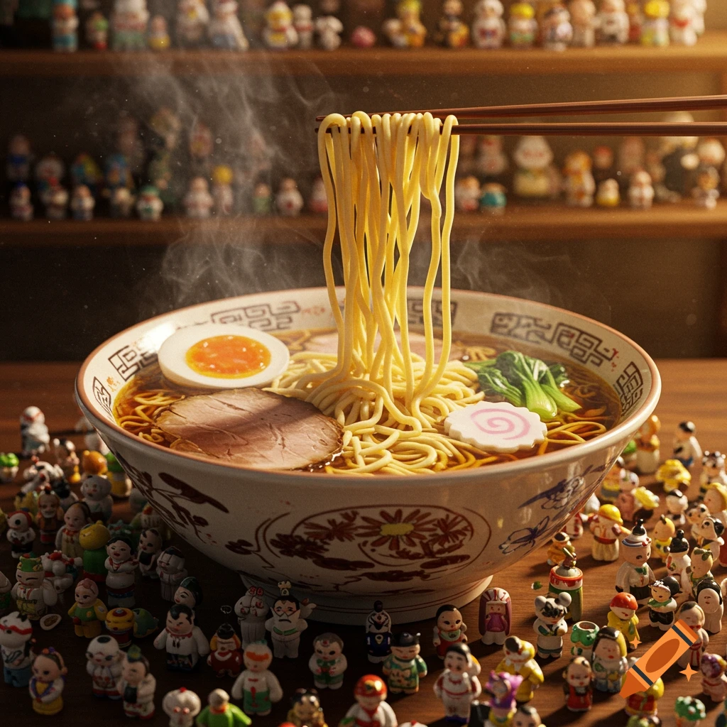 Chopsticks lift noodles from a steaming bowl of ramen surrounded by dozens of tiny figures in a hyper-realistic style.