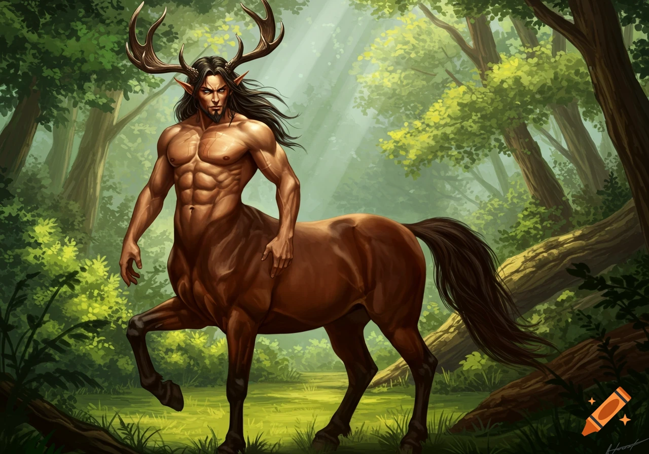 A muscular male centaur with antlers stands in a sunny forest clearing.