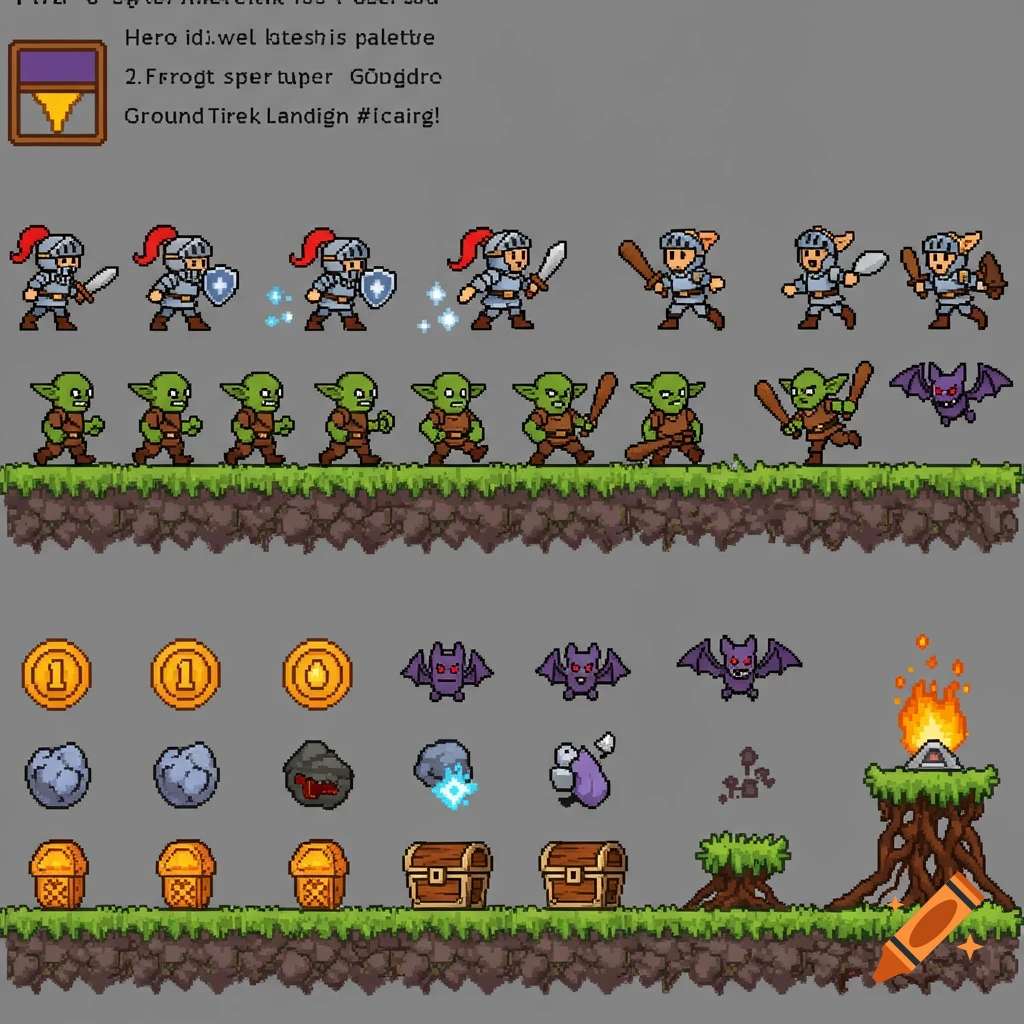 Pixel art sprite sheet for a fantasy platformer game featuring a knight, goblins, bats, coins, treasure chests, and ground tiles.