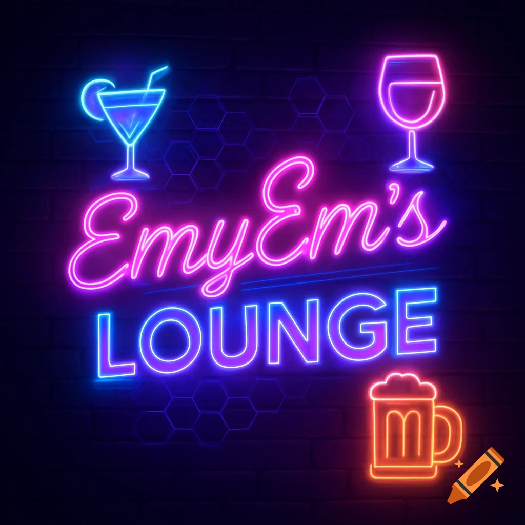Neon sign reading EmyEm's LOUNGE on a brick wall with drink icons.